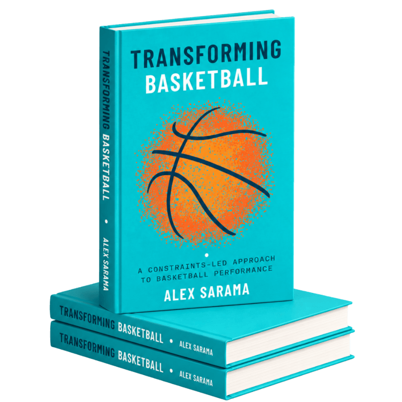 The physical Transforming Basketball book by Alex Sarama, with its turquoise cover and orange basketball.